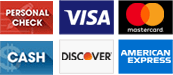 we accept checks, visa, mastercard, cash, discover, amex